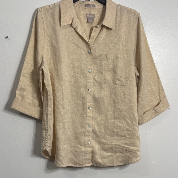 Chico's Tops - Chico's Light Beige with Gold Shimmer Button-Front Top